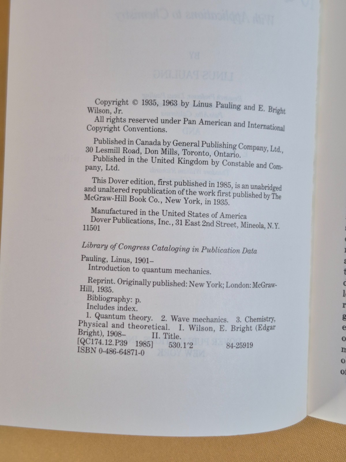 Fine Condition – Introduction to Quantum Mechanics – Linus Pauling – Dover Trade