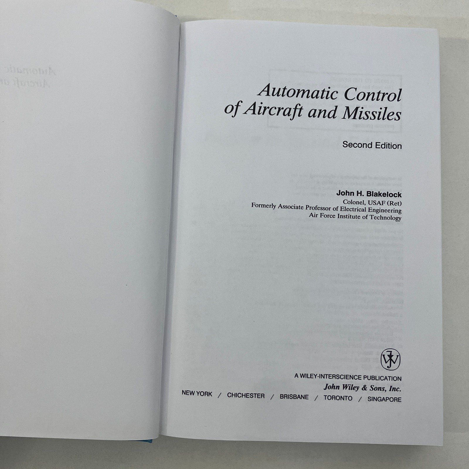 Automatic Control of Aircraft and Missiles by John Blakelock 2nd Edition 1991 HC
