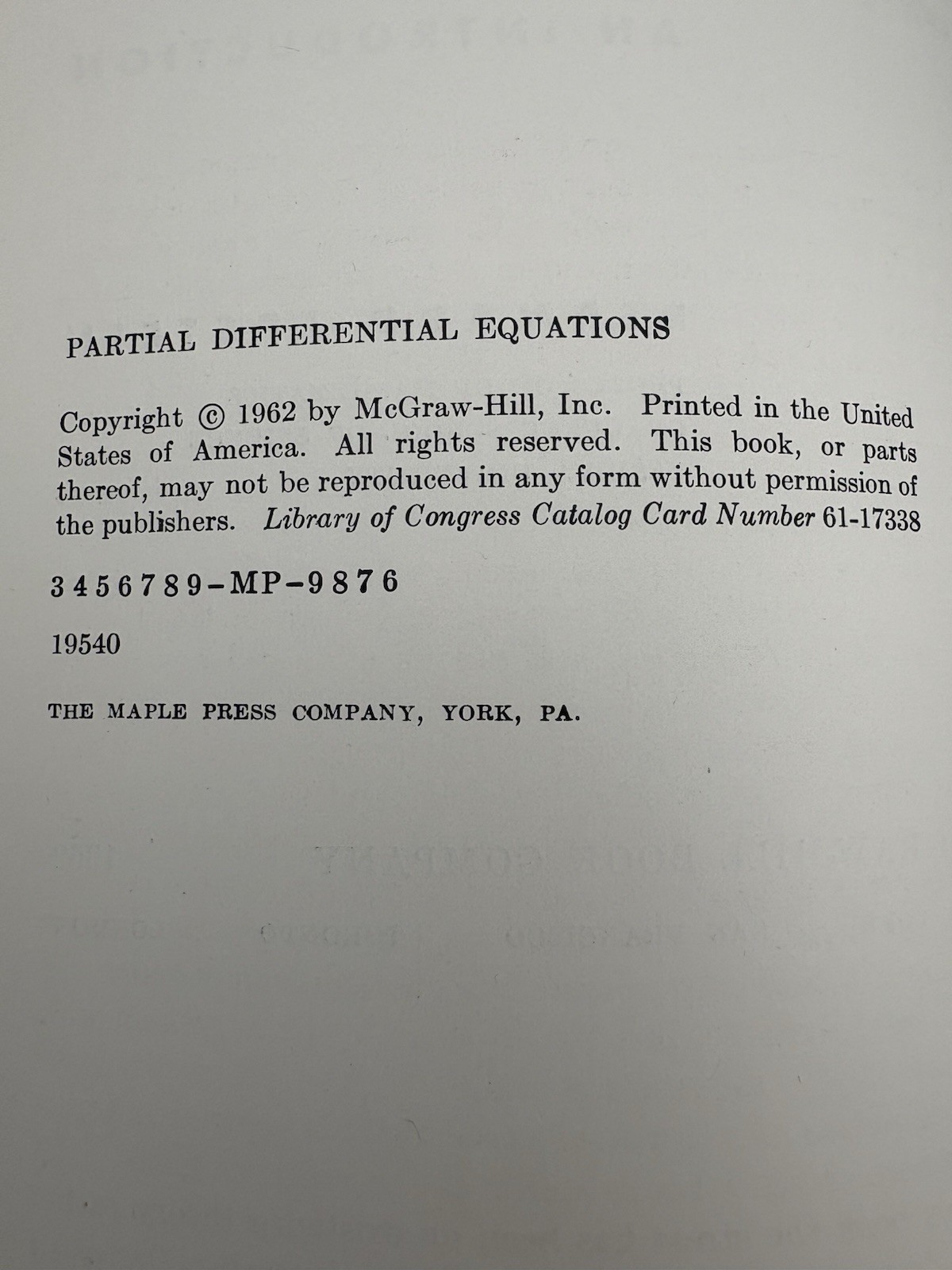 Partial Differential Equations By Bernard Epstein (1962) 1st Ed. Hardcover
