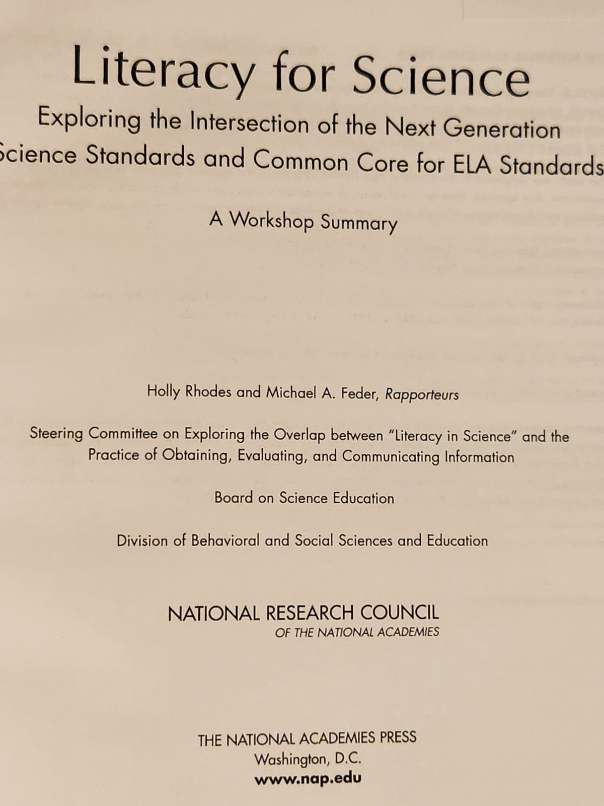 Literacy for Science : Exploring the Intersection of the Next Generation Science
